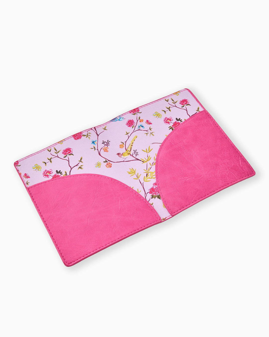 Hot Pink Mahjong Card Folio with floral bird lining, two pockets, and decorative stitching. Sizes available: standard and large.