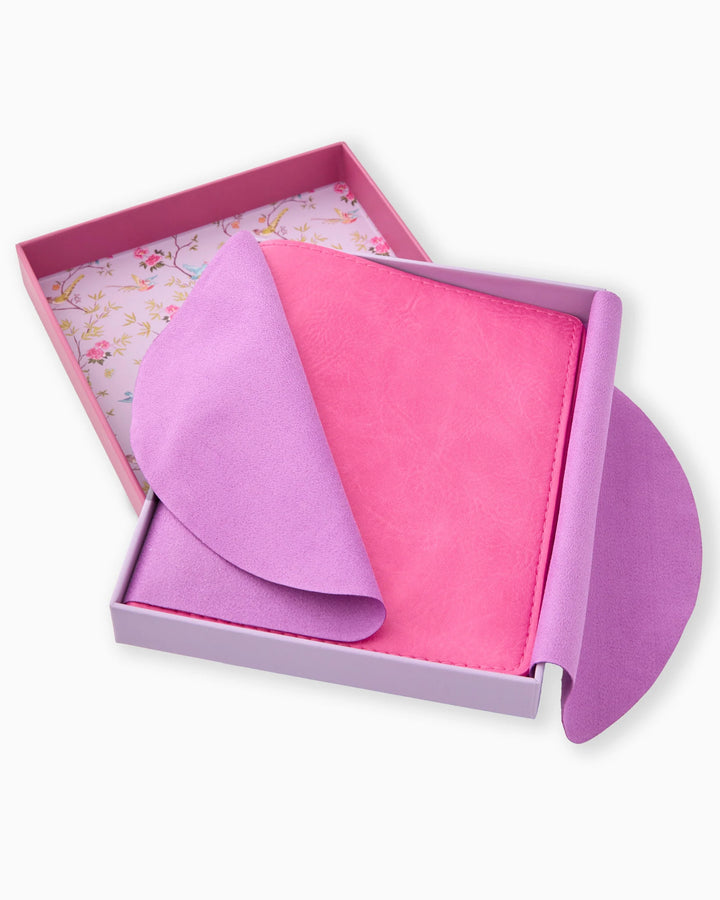 Hot Pink Mahjong Card Folio in pink leather with purple cloth wrap. Available sizes: standard, large.