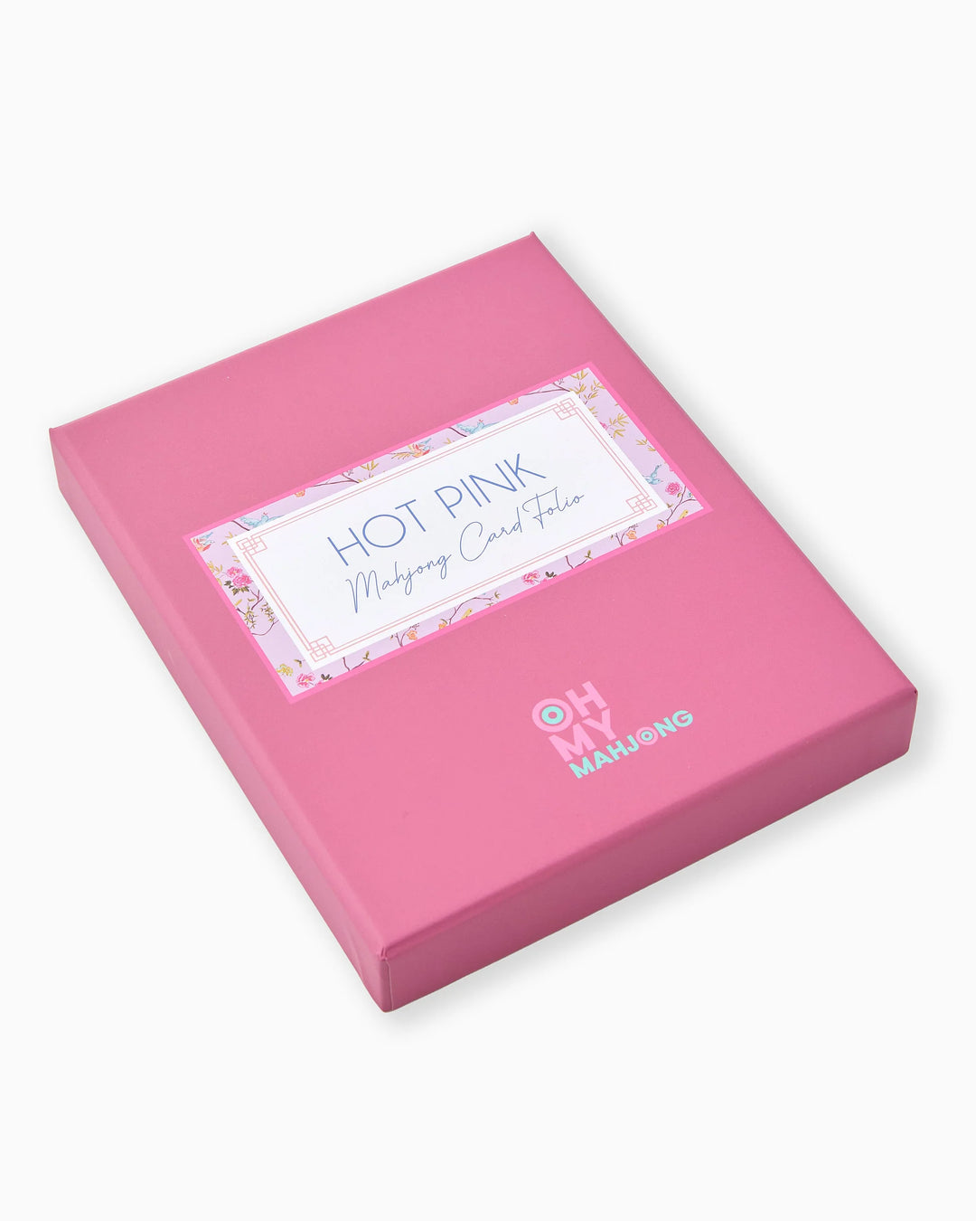 Hot pink card folio with "OH MY MAHJONG" logo, available in standard size; adds bold color to your mahjong setup.