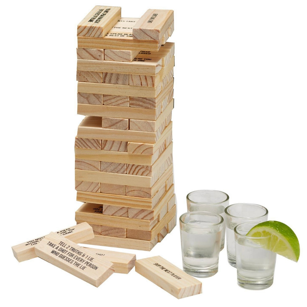 Jenga-style wooden tower, four shot glasses, blocks with text instructions. Sizes available: standard game set.