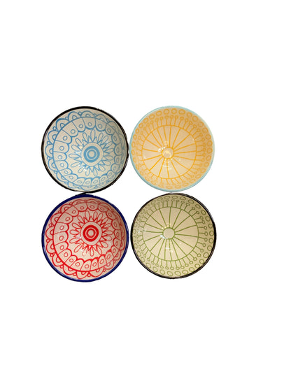 Set of 4 stoneware bowls, each with distinct blue, yellow, red, or green motifs. Available sizes: 6", 8", and 10".