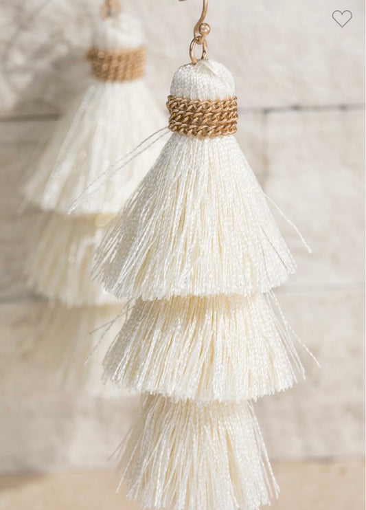 Tier Tassel Earrings with three cream fringe layers, gold-tone braided top, fish hook. Available sizes: small, medium, large.