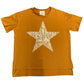 A mustard yellow Sequence Star - Half Sleeve Shirt, sizing for adults, with a large, golden sequined star centered on the front.