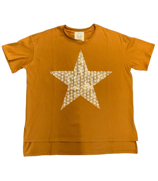 A mustard yellow Sequence Star - Half Sleeve Shirt, sizing for adults, with a large, golden sequined star centered on the front.