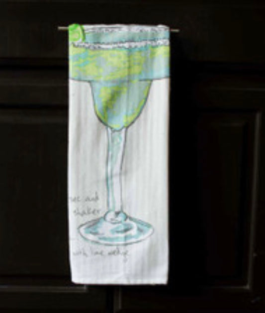 White 20x28 Liquid Encourage-mint Bar Towel (130522009) with margarita glass, lime, and text: "Use and shaker with love, nothing.