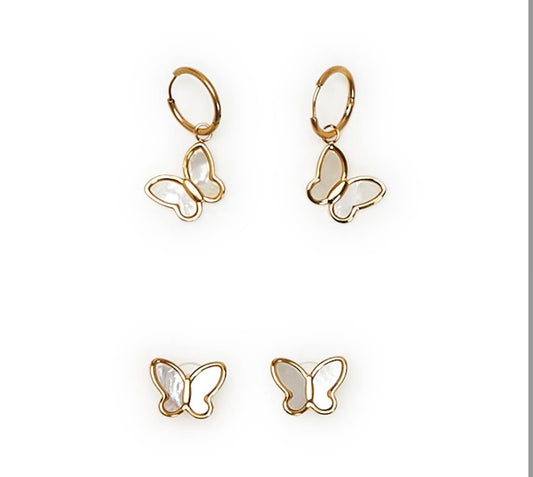 Gold butterfly earrings in hoop dangle and stud styles, plated stainless steel, mother of pearl. Sizes: small and medium.