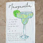 Cream 20x28 Margarita Recipe Bar Towel with margarita glass, lime drawing, and handwritten recipe under "Margarita.