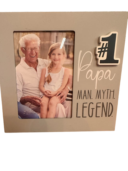 Papa Picture Frame with "#1 Papa. Man. Myth. Legend." in decorative lettering; available in 5x7, 8x10 sizes.