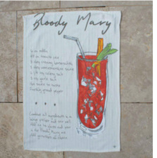 The Bloody Mary Recipe Bar Towel 13522000 (20x28) features a drink illustration with ice, celery stick, and lemon slice.