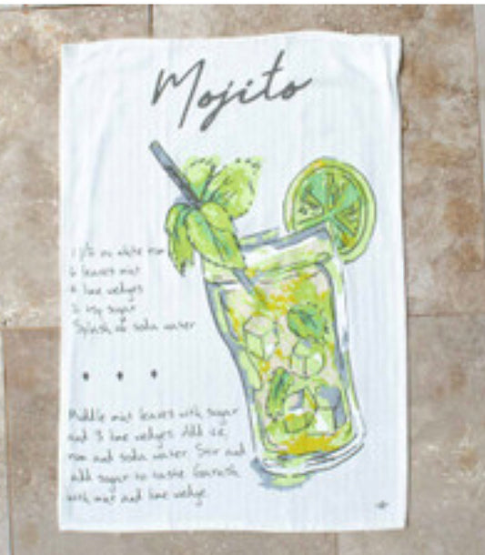 The Mojito Recipe Bar Towel 130522008 shows a mojito with lime, mint, ice and recipe text. Size: 20x28 inches.