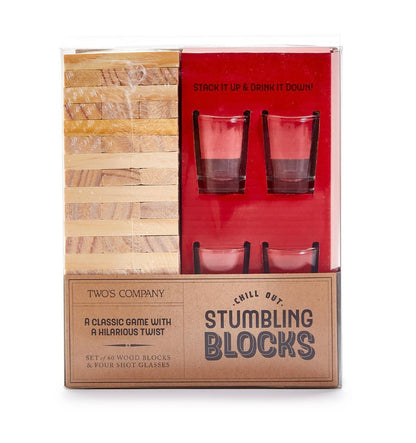 Stumbling Blocks & Shot Glasses" set: 60 stacked wooden blocks, 4 shot glasses. Sizes available upon request.