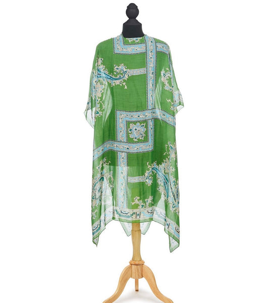 One-size, semi-sheer kimono with green and blue floral and geometric patterns, made from lightweight modal and viscose.