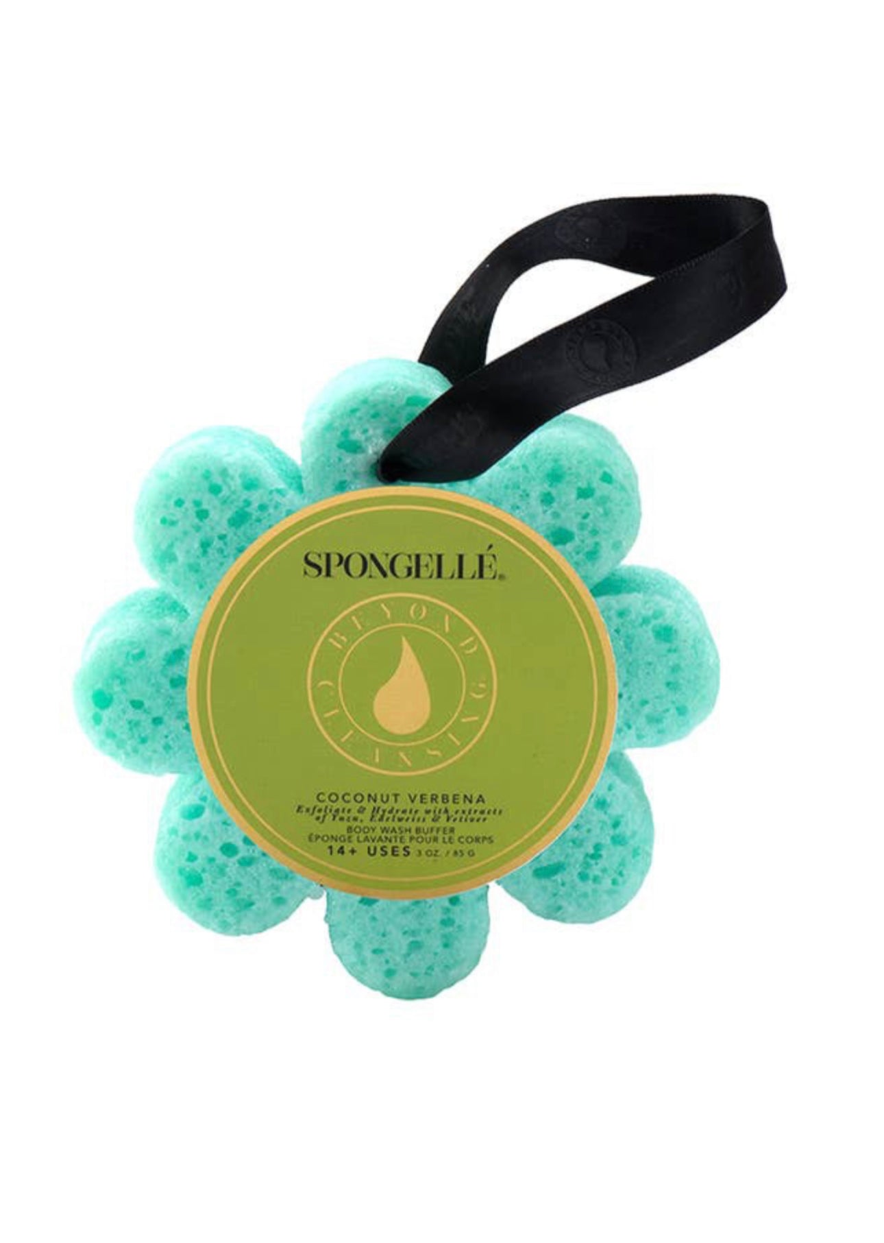 A flowers-shaped shower sponge by Spongellé, available in a vibrant turquoise color. Features include a durable black strap for ease of use and storage, enhanced by a distinctive gold label embossed with the "Spongellé Coconut Verbena" tag. This product is one size fits all and perfect for everyday use.