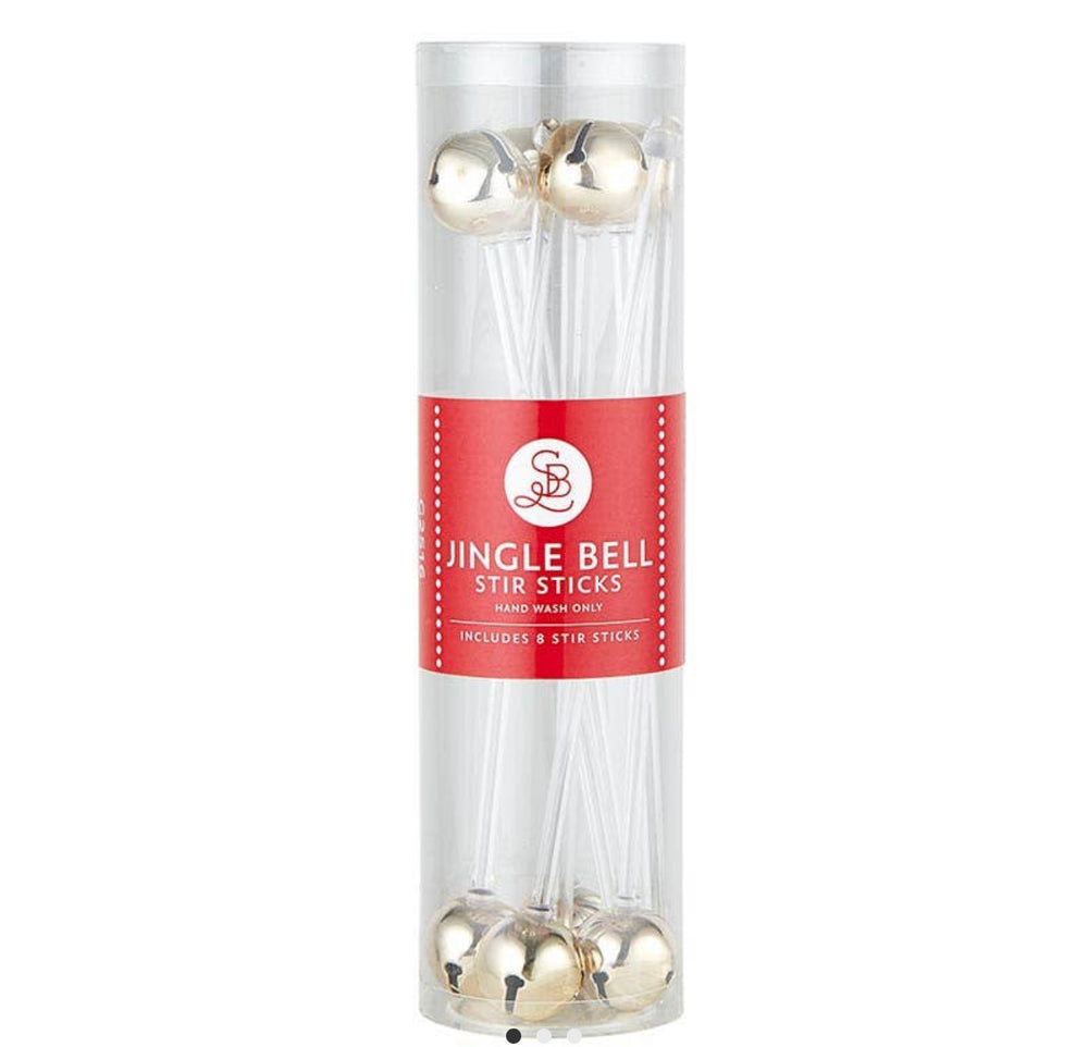 Eight Stir Sticks Christmas cocktail sticks with metallic gold jingle bells in a clear cylindrical package.
