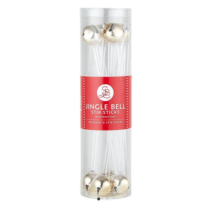 Eight Stir Sticks Christmas cocktail sticks with metallic gold jingle bells in a clear cylindrical package.