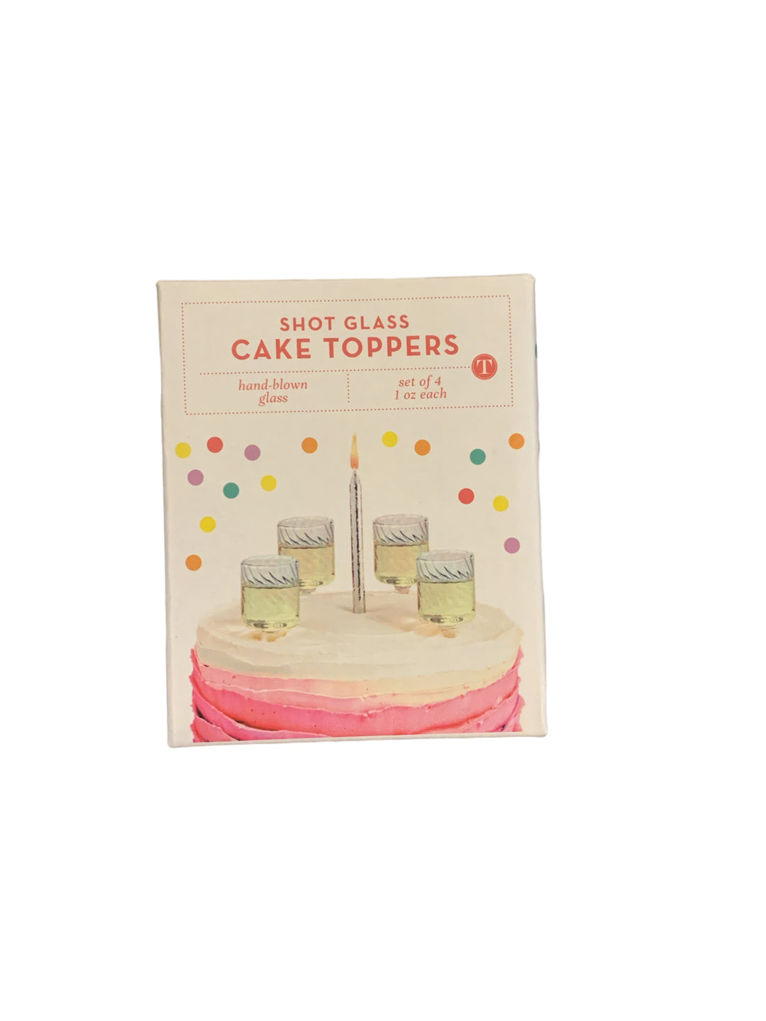 Cake Topper Shot Glass Gift Box set of 4, each hand-blown with a unique design; available in standard shot glass size.