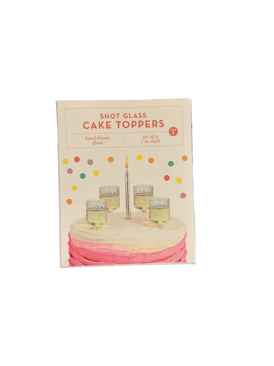 Cake Topper Shot Glass Gift Box set of 4, each hand-blown with a unique design; available in standard shot glass size.