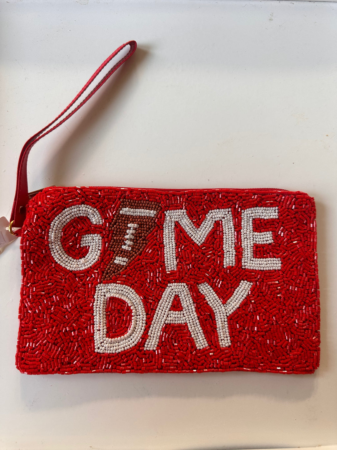 Wristlet Beaded Bag with "GAME DAY" in white beads, pizza slice for "A". Red clutch; available in small and large sizes.