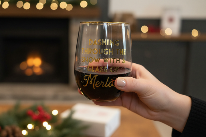 Stemless Merlot glass featuring gold lettering that reads “Dashing through the snow with a glass of Merlot.”.
