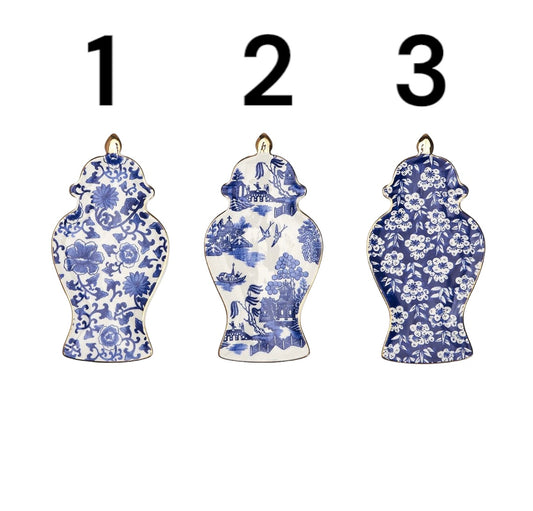 Blue and white porcelain Ginger Jar Trinket Tray with three unique Chinoiserie patterns. Available in small, medium, large.