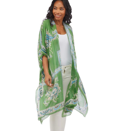 Long Kimono - Green Handkerchief with light blue and white designs. One-size-fits-most.