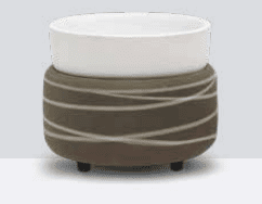 Candle &amp; Wax Warmers Set: Two-tier cylindrical container with large white top bowl, smaller brown base with light horizontal stripes, and small black feet. Sizes available: one size fits all.