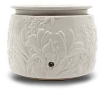 Candle &amp; Wax Warmers Set: White ceramic with embossed floral patterns and a frontal on/off switch. Available in one size.