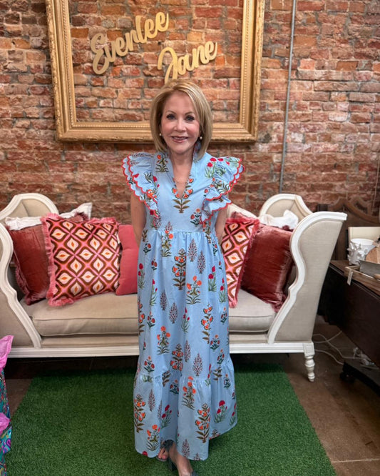 Floral Block Print Midi Dress with V-neckline, lightweight cotton fabric. Available in sizes XS–XL.