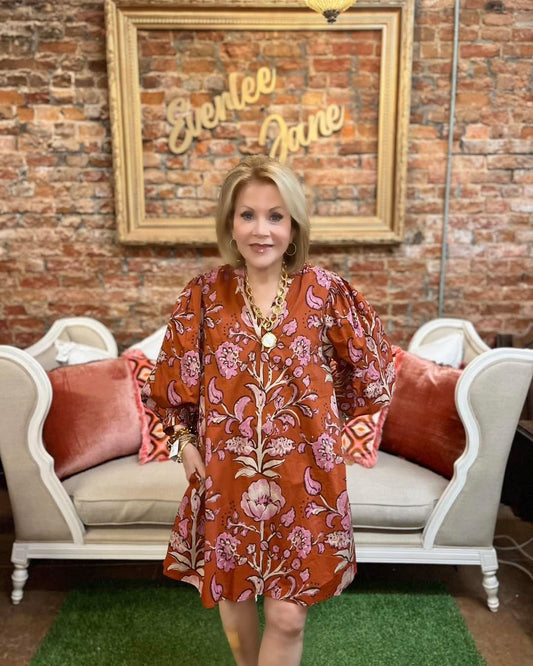 Autumn Rust Long-sleeve Dress; available in sizes S–XL.