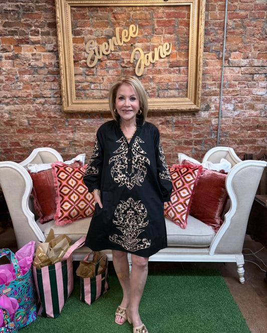 Black & Leopard Baroque Button Up Dress, available in sizes S-XL.