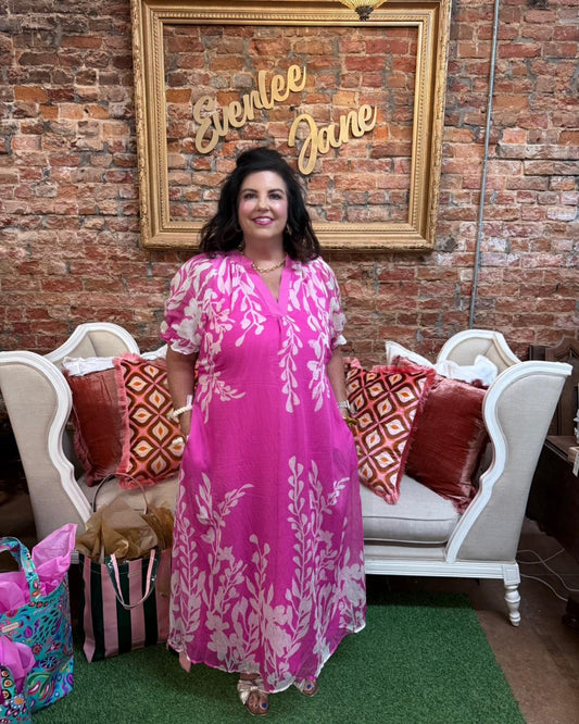 Pink Peony Midi Dress, available in sizes XS-XL.