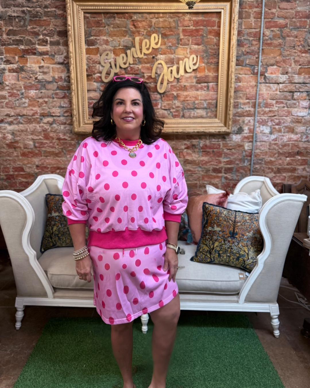 Weekend Escape Terry Skort Set in pink polka dot, available in sizes XS-XL.