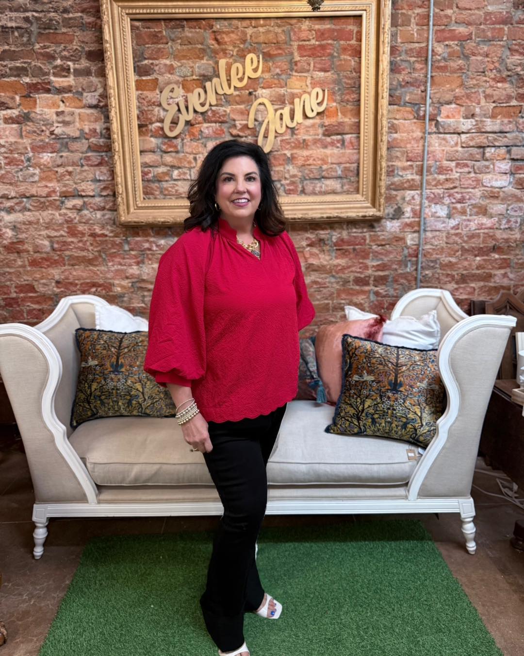 Red Textured Scalloped Top with scalloped edges; available in sizes S-XL.