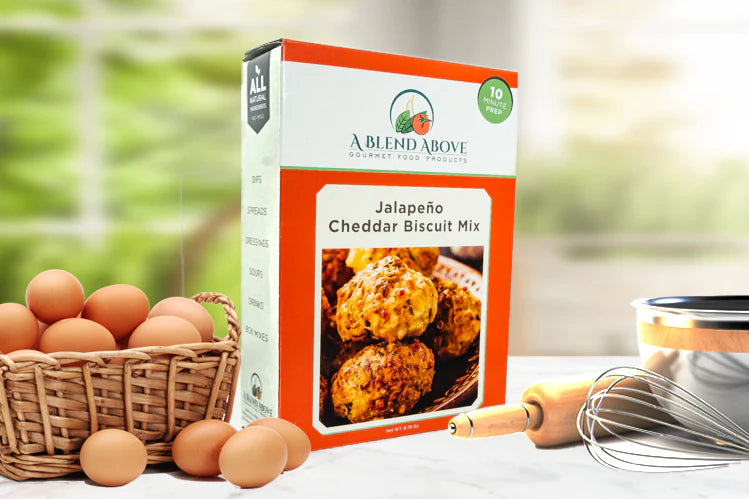 Jalapeño Cheddar Biscuit Mix box, available in 12 oz and 24 oz sizes.
