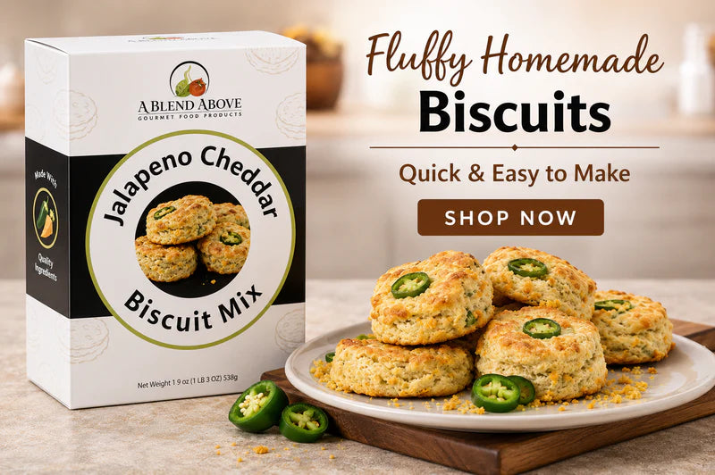 Jalapeño Cheddar Biscuit Mix box, available in 16 oz and 32 oz sizes. Text: “Fluffy Homemade Biscuits—Ready in Minutes. Enjoy gourmet flavor at home. Order Jalapeño Cheddar Biscuit Mix now!”.