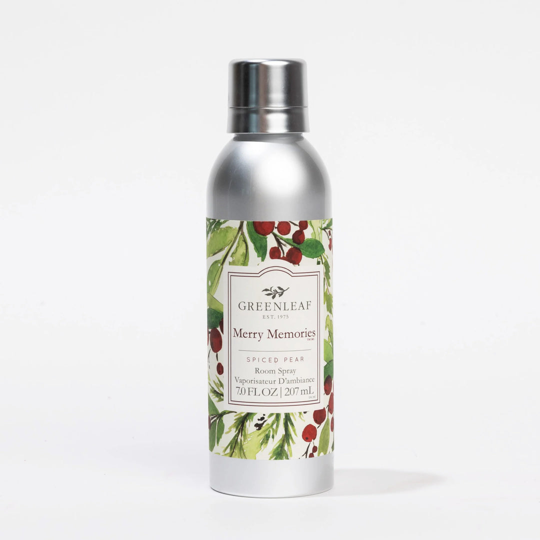 Merry Memories Room Spray, sugared pear scent, 7.0 fl oz / 207 mL silver metal bottle with holiday greenery and berry label.
