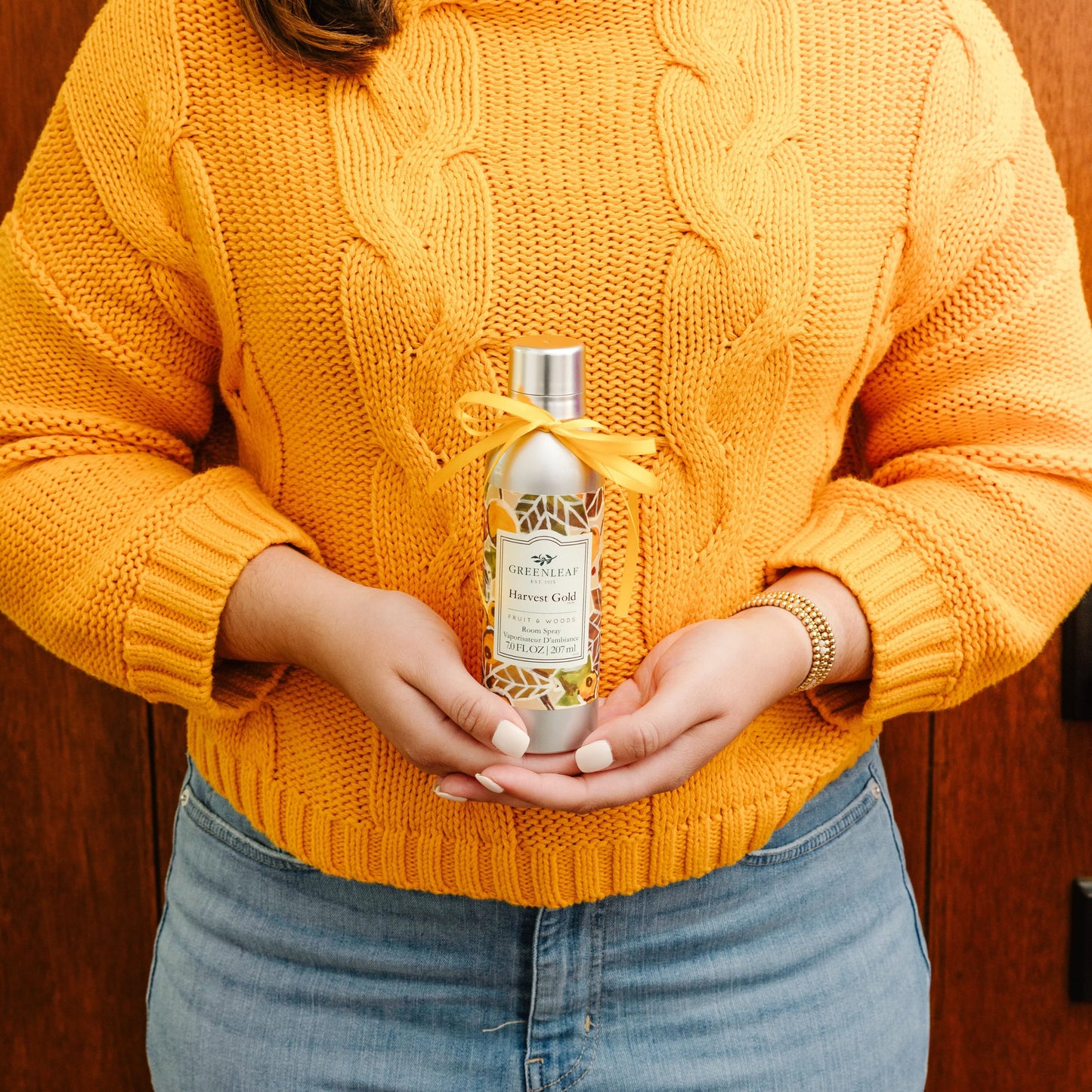 Harvest Gold Room Spray with yellow ribbon, long-lasting fragrance. Available in 4 oz and 8 oz bottles.