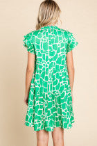 Bright green Satin Print Dress with Frilled Neck & Pockets - Plus. Features ruffled hem and sleeves. Available in plus sizes.