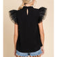 Solid Ruffle Shoulder Top with organza ruffle sleeves and keyhole neckline. Sizes: S, M, L, XL.