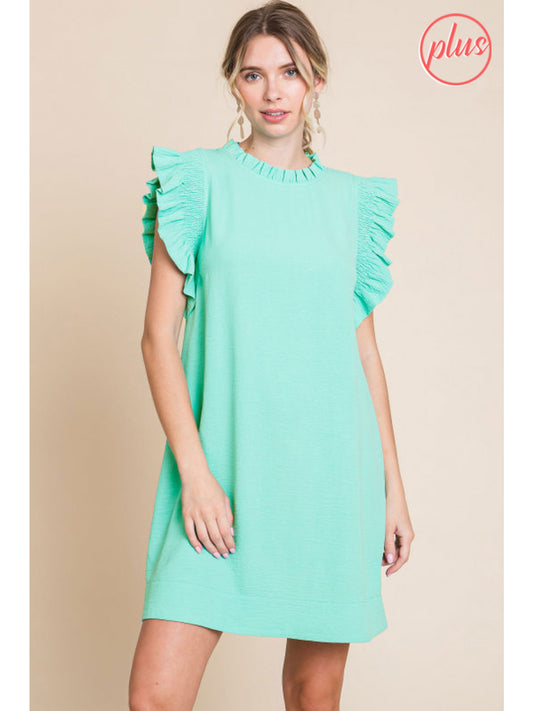 Light green Frill Neck Ruffle Sleeve Dress - Plus with smocked ruffle cap sleeves, frill mock neckline. Available in plus sizes.