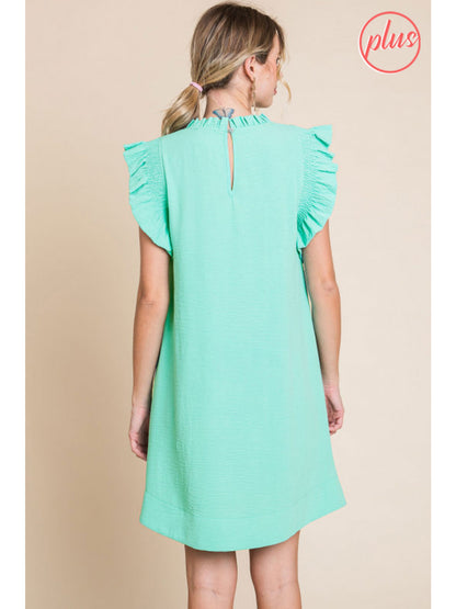 Mint green Frill Neck Ruffle Sleeve Dress, plus size, smocked ruffle cap sleeves, frill mock neckline. Sizes: 1X-4X.