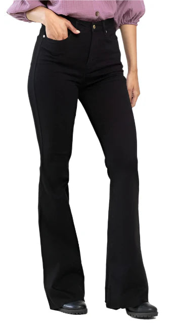 Judy Blue HW Tummy Control Cut Hem Black Flare Jeans; available in sizes 0-20W.