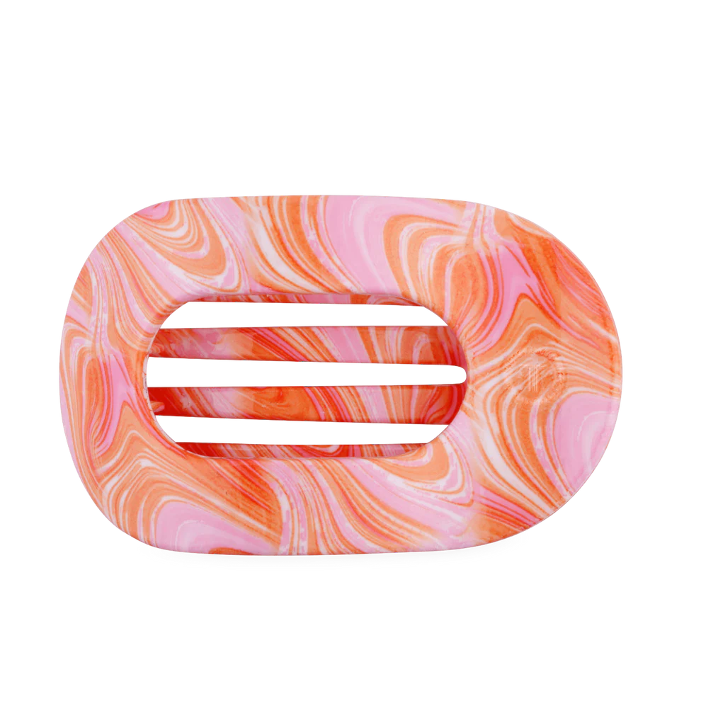 Rectangular soap dish with rounded edges, pink-orange-white marbled pattern, three drainage slots. Sizes: Small, Medium, Large.
