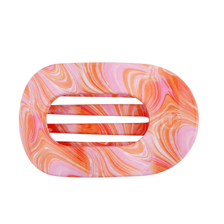 Rectangular soap dish with rounded edges, pink-orange-white marbled pattern, three drainage slots. Sizes: Small, Medium, Large.