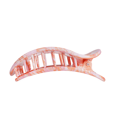 Large, curved marbled pink and white hair clip with interlocking teeth and hinged clasp. Available in one size.