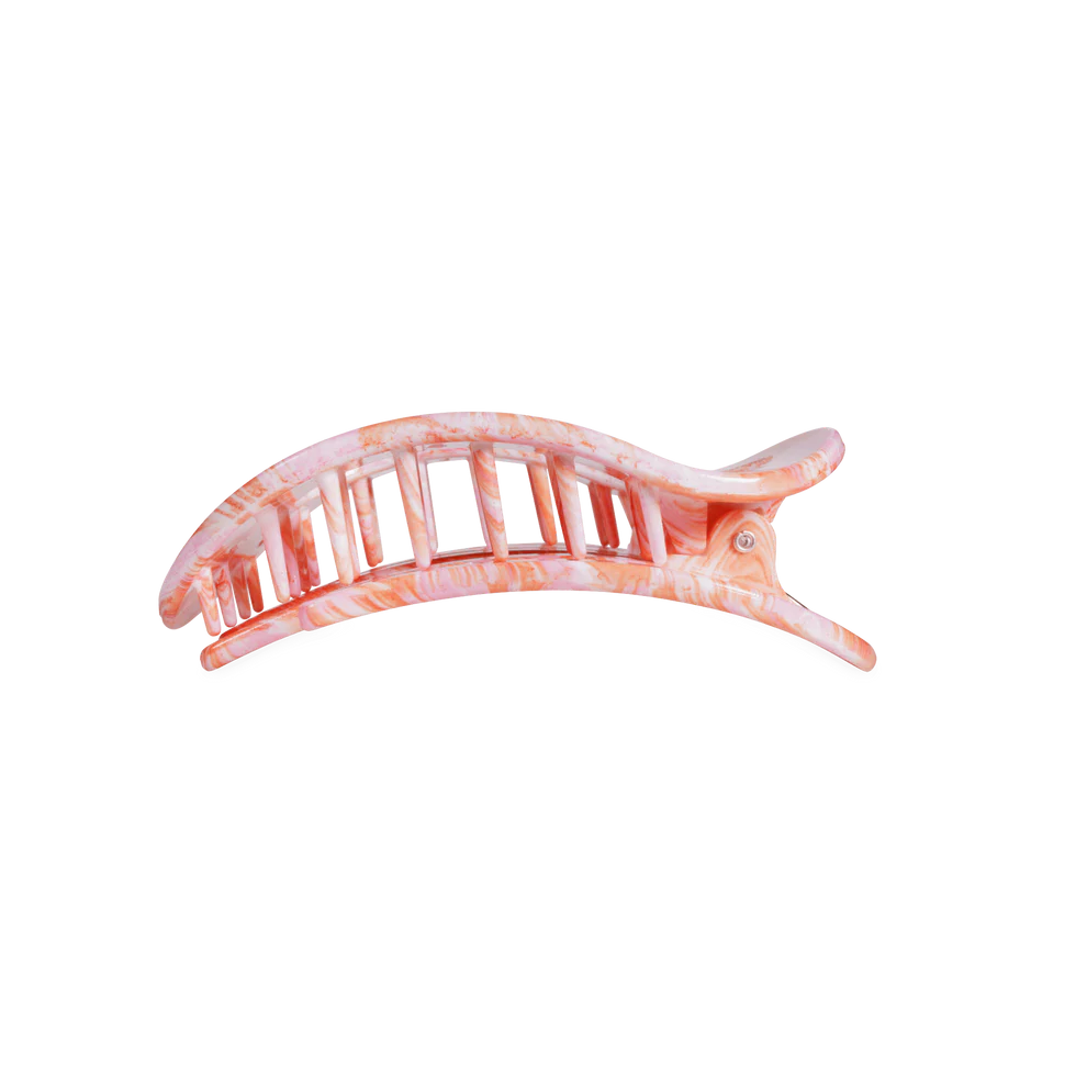 Pink and white marbled Flat Round Hair Clip with bendable teeth and curved shape; available in multiple sizes.