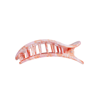 Pink and white marbled Flat Round Hair Clip with bendable teeth and curved shape; available in multiple sizes.