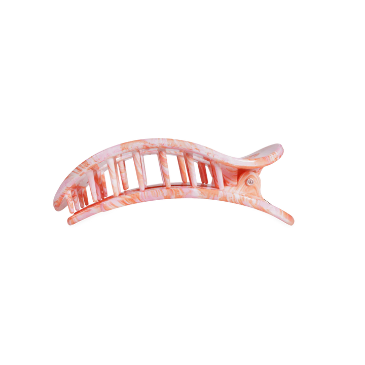 Pink and white marbled Flat Round Hair Clip with bendable teeth and curved shape; available in multiple sizes.