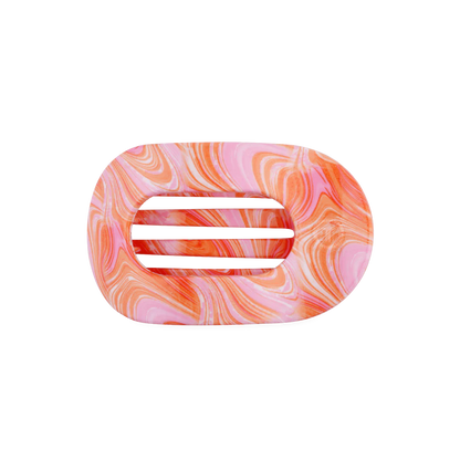 Oval soap dish with slotted center, marbled pink, orange, and white. Available in small and large sizes.
