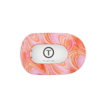 Flat Round Hair Clip, Summer Tie Dye Edition: durable, rounded edges, pink-orange marbled pattern. Available in multiple sizes.